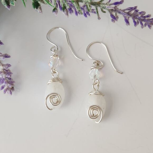 White Amazonite Dangle Earrings / Silver Wire Wrapped Amazonite Drop Earrings - Picture 9 of 12